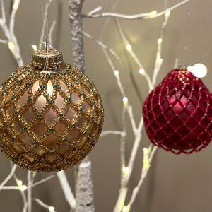 2 Beaded Christmas Ornaments - Gold, Red, Mesh Beaded, Holiday, Tree Decoration